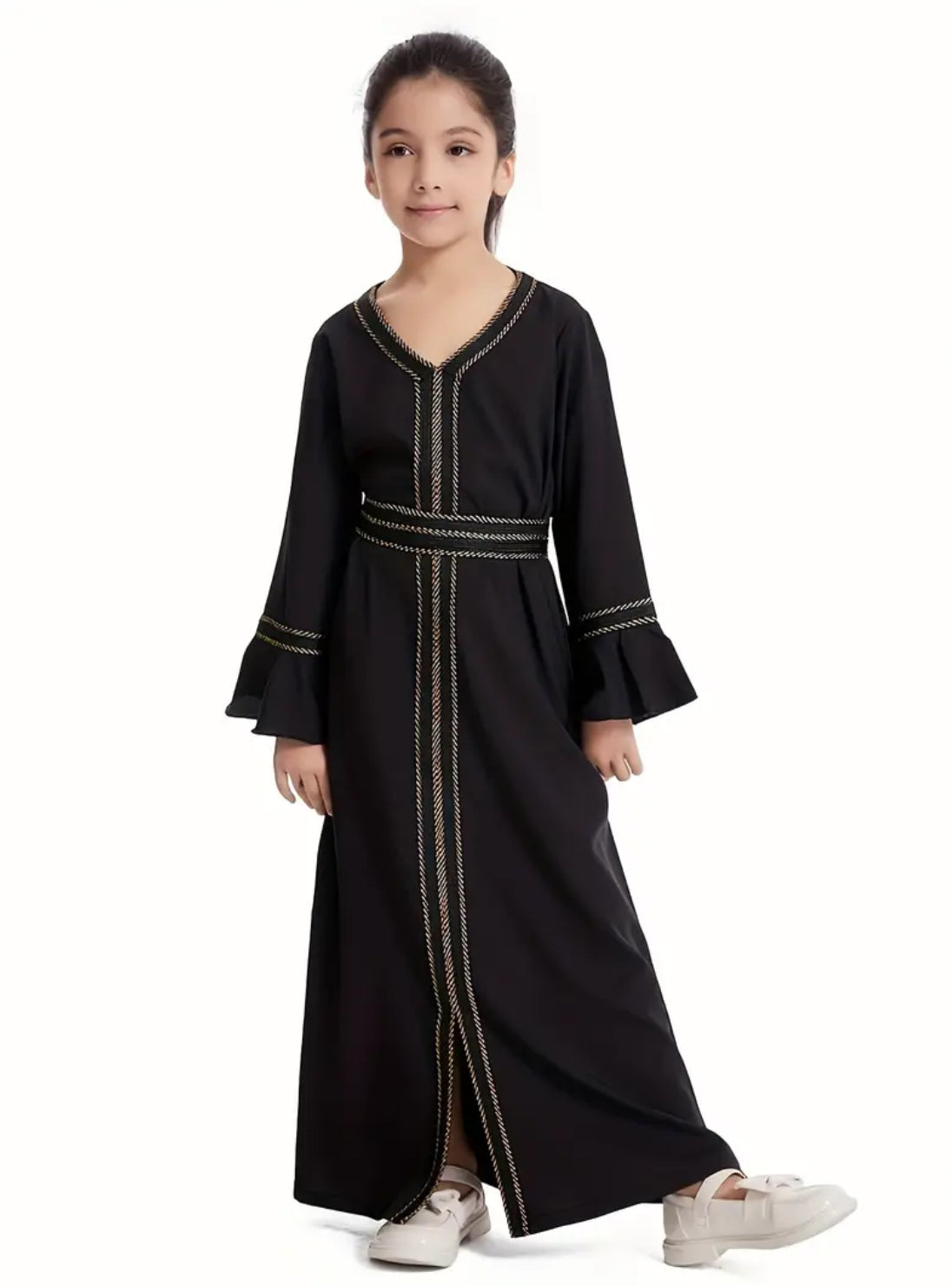 Maryam’s Essential Arabian Girl’s V-Neck Long Sleeves with Lace Trim Kaftan