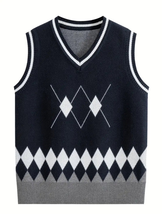 Maryam’s Essential Boys’ Knit Diamond Pattern Sleeveless Winter Warmth Sweater Vest