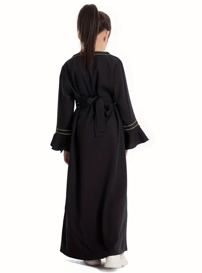 Maryam’s Essential Arabian Girl’s V-Neck Long Sleeves with Lace Trim Kaftan