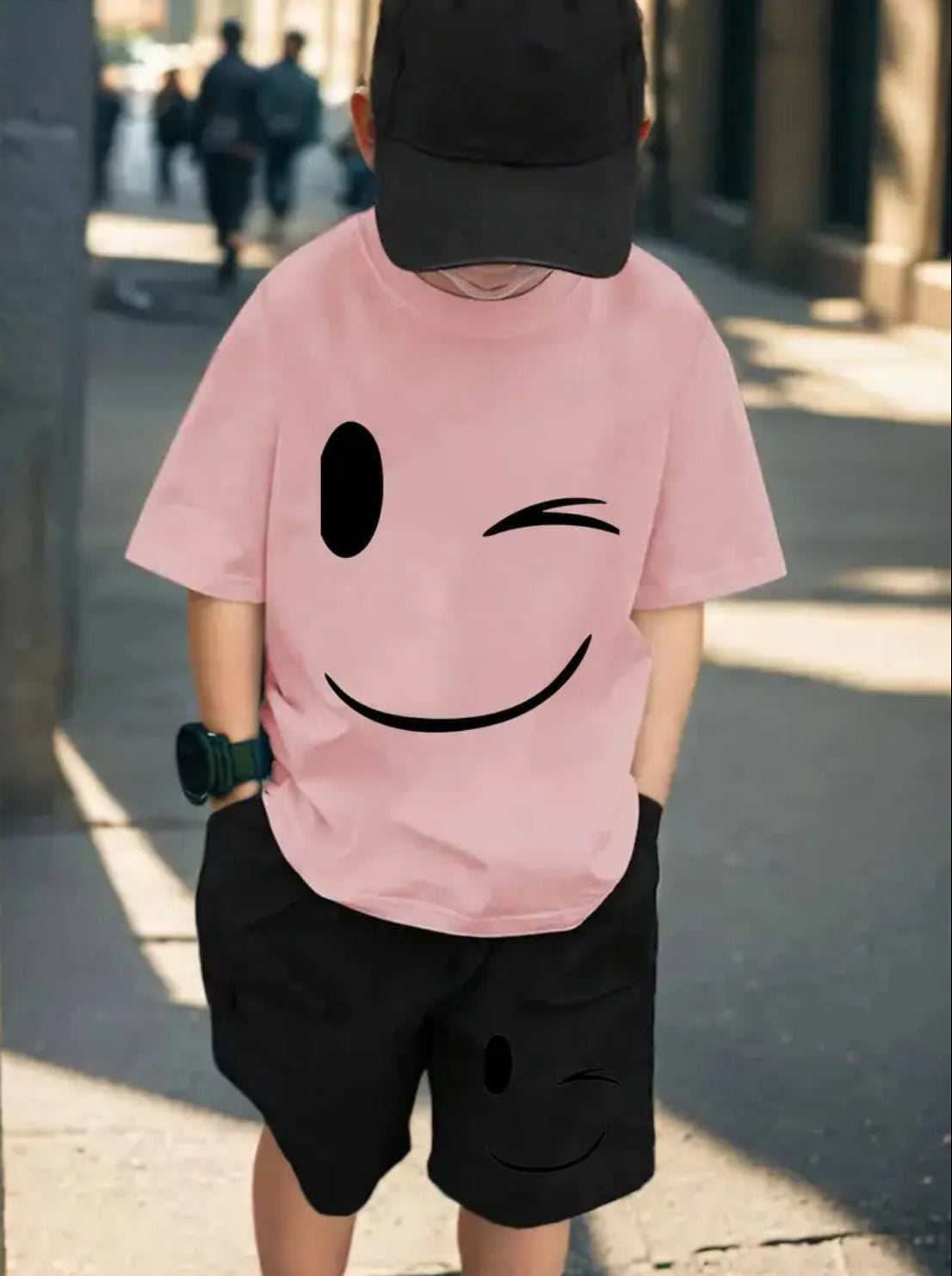 Maryam’s Essential Boys’ Happy Face Graphic Print Casual Pullover T-Shirt and Shorts Set