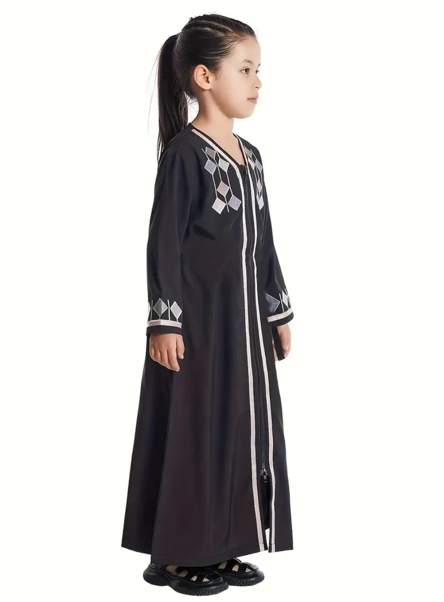 Maryam’s Essential Arabian Girl’s V-Neck Long Sleeves Diamond Pattern Kaftan