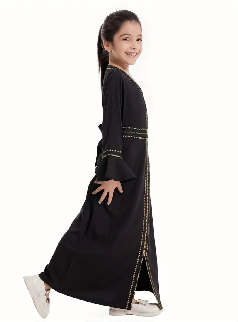 Maryam’s Essential Arabian Girl’s V-Neck Long Sleeves with Lace Trim Kaftan