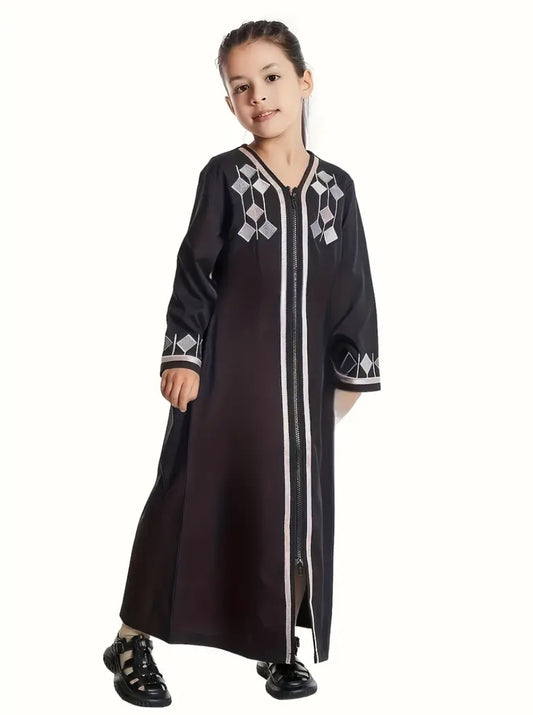 Maryam’s Essential Arabian Girl’s V-Neck Long Sleeves Diamond Pattern Kaftan